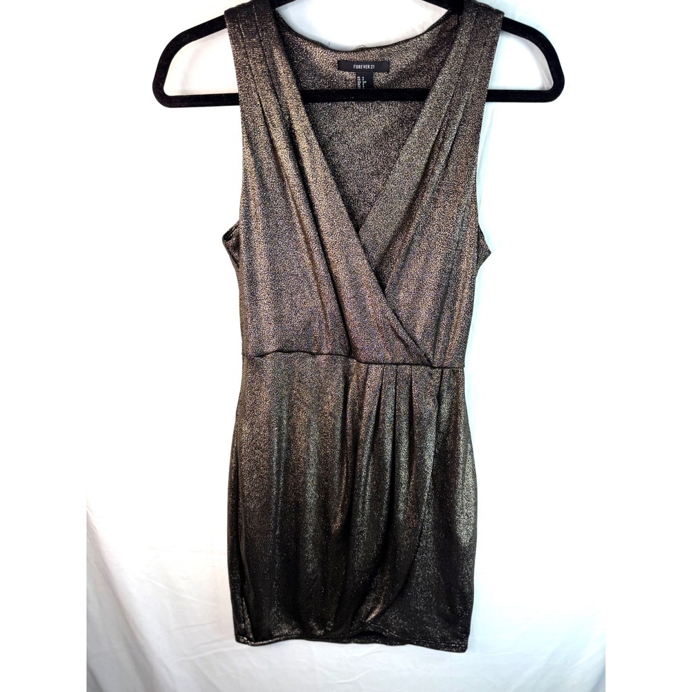 Forever 21 Metallic Gold Black Surplice V-Neck Mini Dress Sleeveless Small